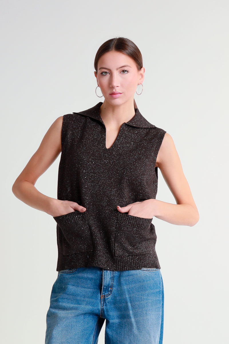 Gilet lurex con colletto e tasche