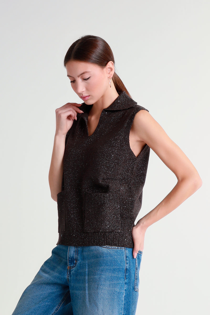 Gilet lurex con colletto e tasche