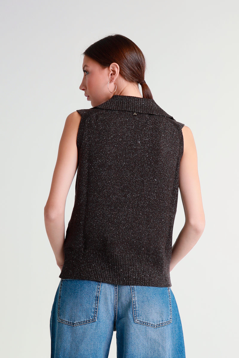 Gilet lurex con colletto e tasche