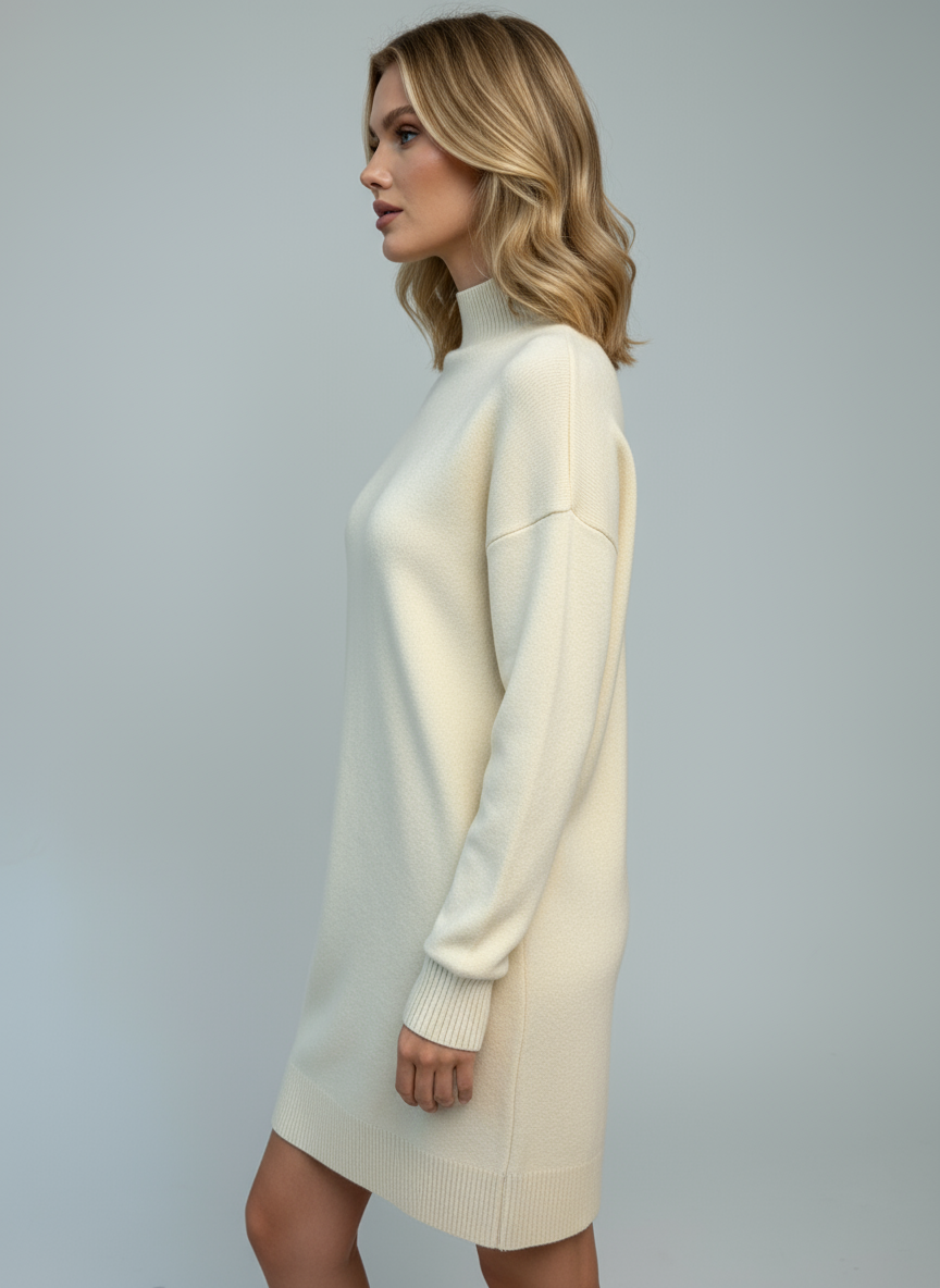 Abito Maglia a Collo Alto con Taschino – Avorio