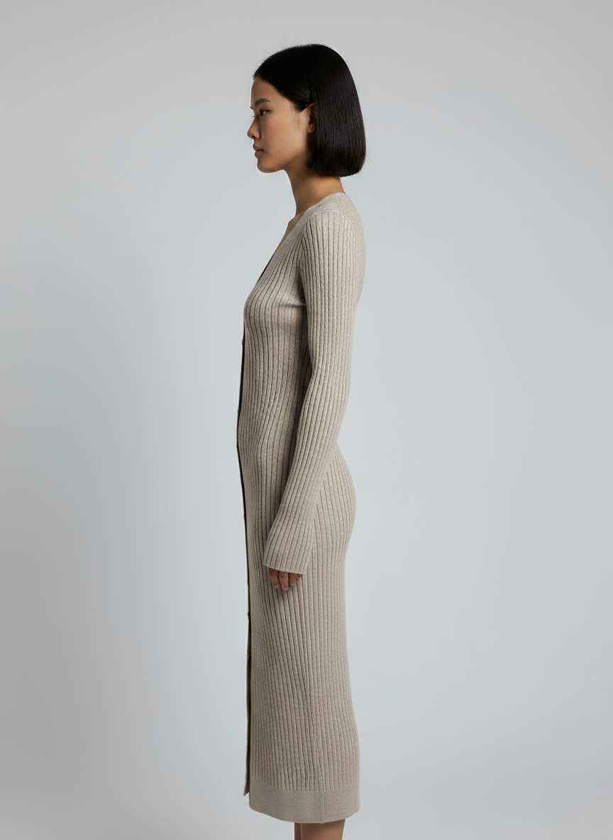 Abito Maglia Lungo a Costine con Bottoni