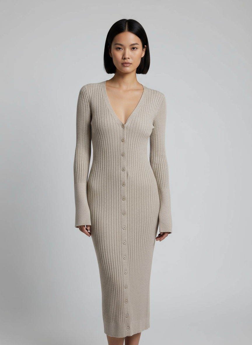 Abito Maglia Lungo a Costine con Bottoni