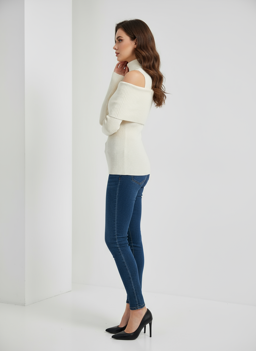 Maglione a Spalle Scoperte con Collo Alto