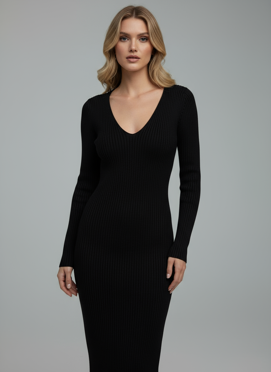 Abito Lungo in Maglia a Coste