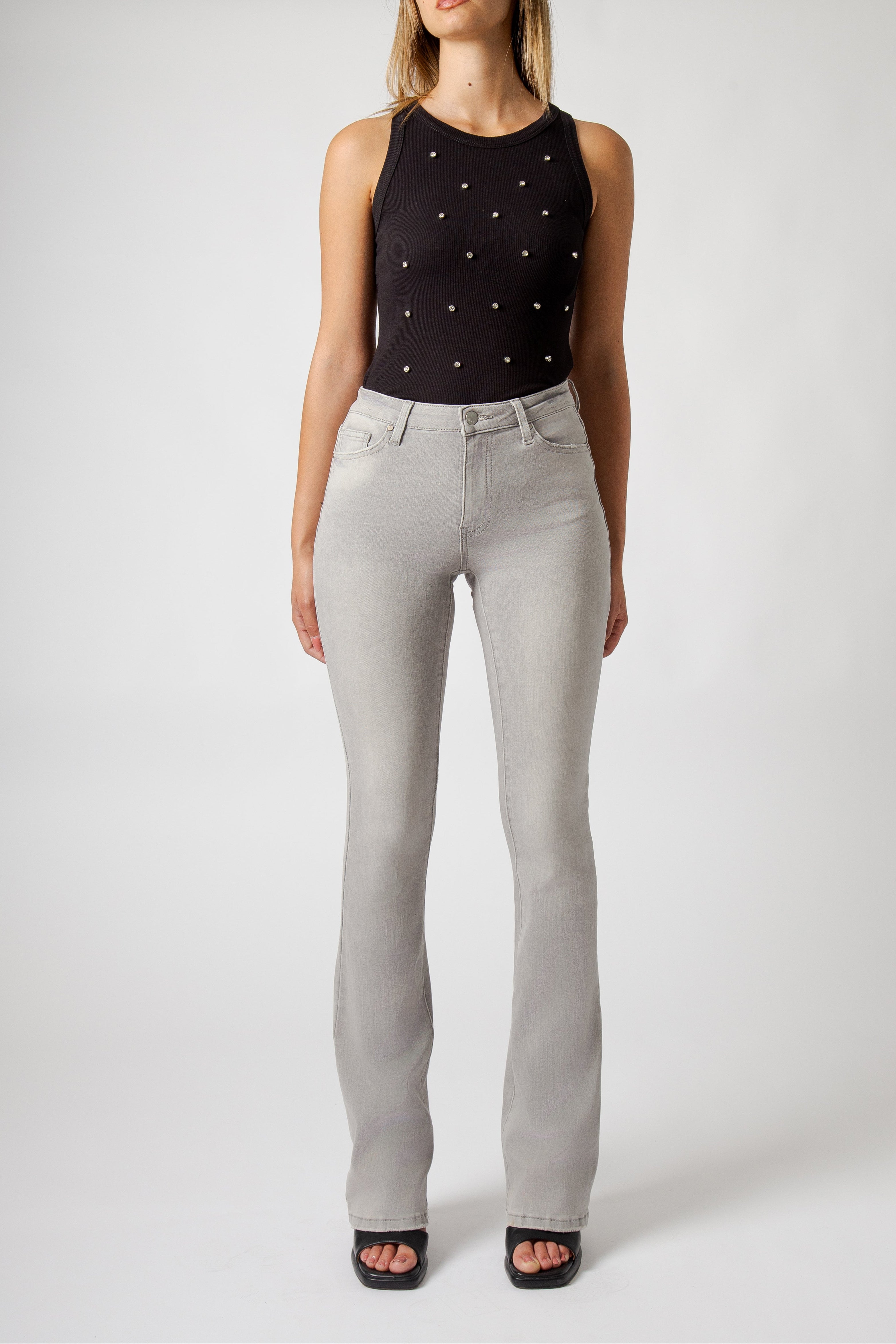 Jeans Donna Flare Fit Grigio – Denim Elasticizzato a Vita Media, Gamba Leggermente Svasata