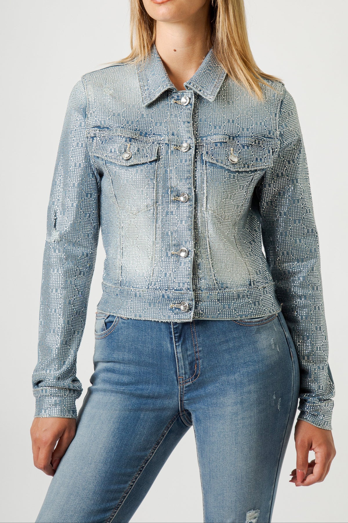 Giacca Donna Denim con Micro Strass – Fit Cropped, Effetto Luminoso Glam