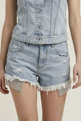Shorts Donna Denim Chiaro con Strappi e Orlo Sfilacciato – Vita Media, Stile Casual Glam