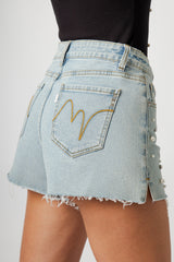 Shorts Donna Denim Chiaro con Perle Decorative – Vita Media, Orlo Sfrangiato