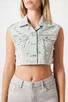 Gilet Donna Denim Crop con Strass – Senza Maniche, Lavaggio Chiaro
