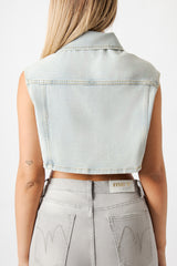 Gilet Donna Denim Crop con Strass – Senza Maniche, Lavaggio Chiaro