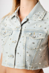 Gilet Donna Denim Crop con Strass – Senza Maniche, Lavaggio Chiaro