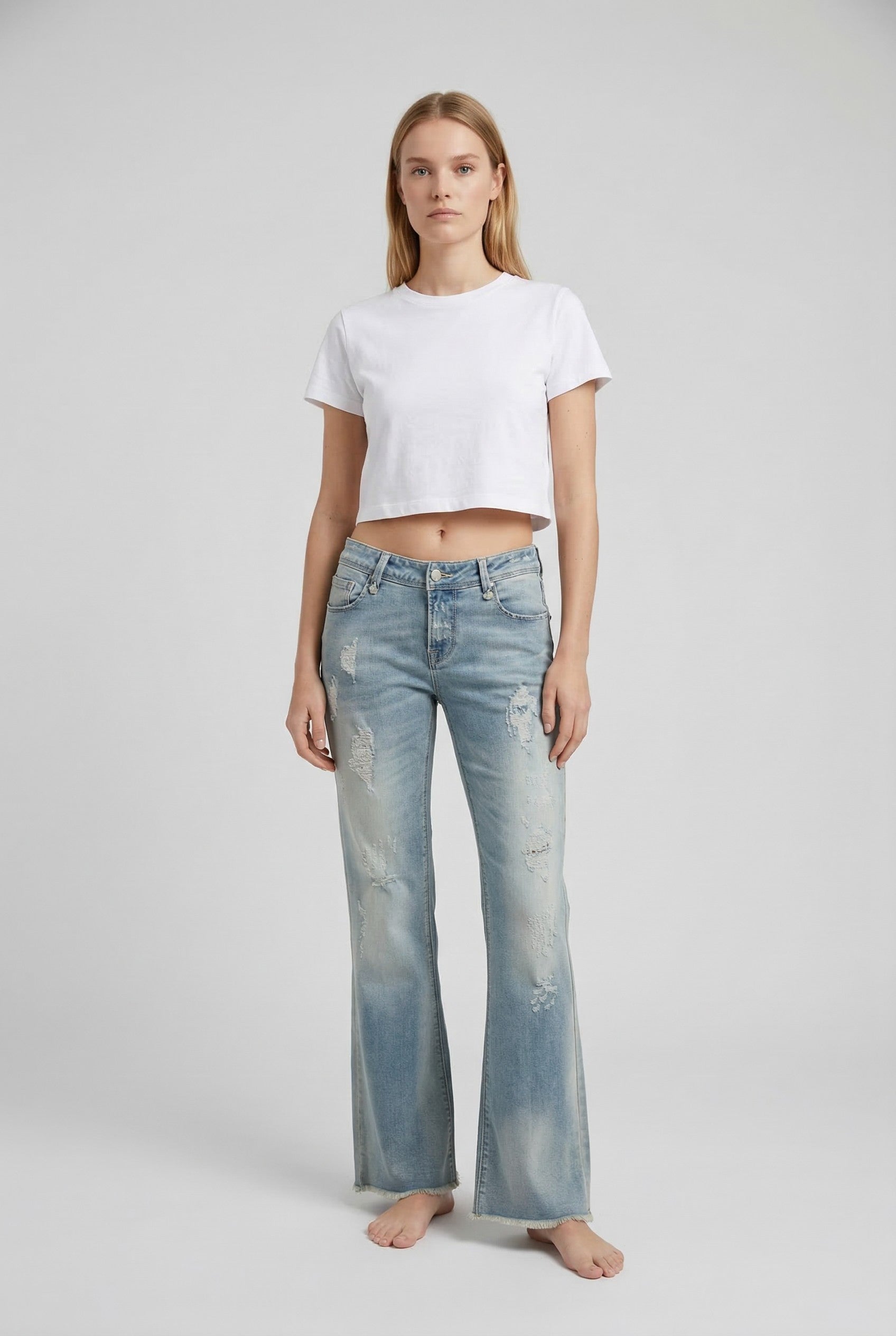 Jeans Donna Wide Leg Destroyed – Denim Chiaro Effetto Vintage