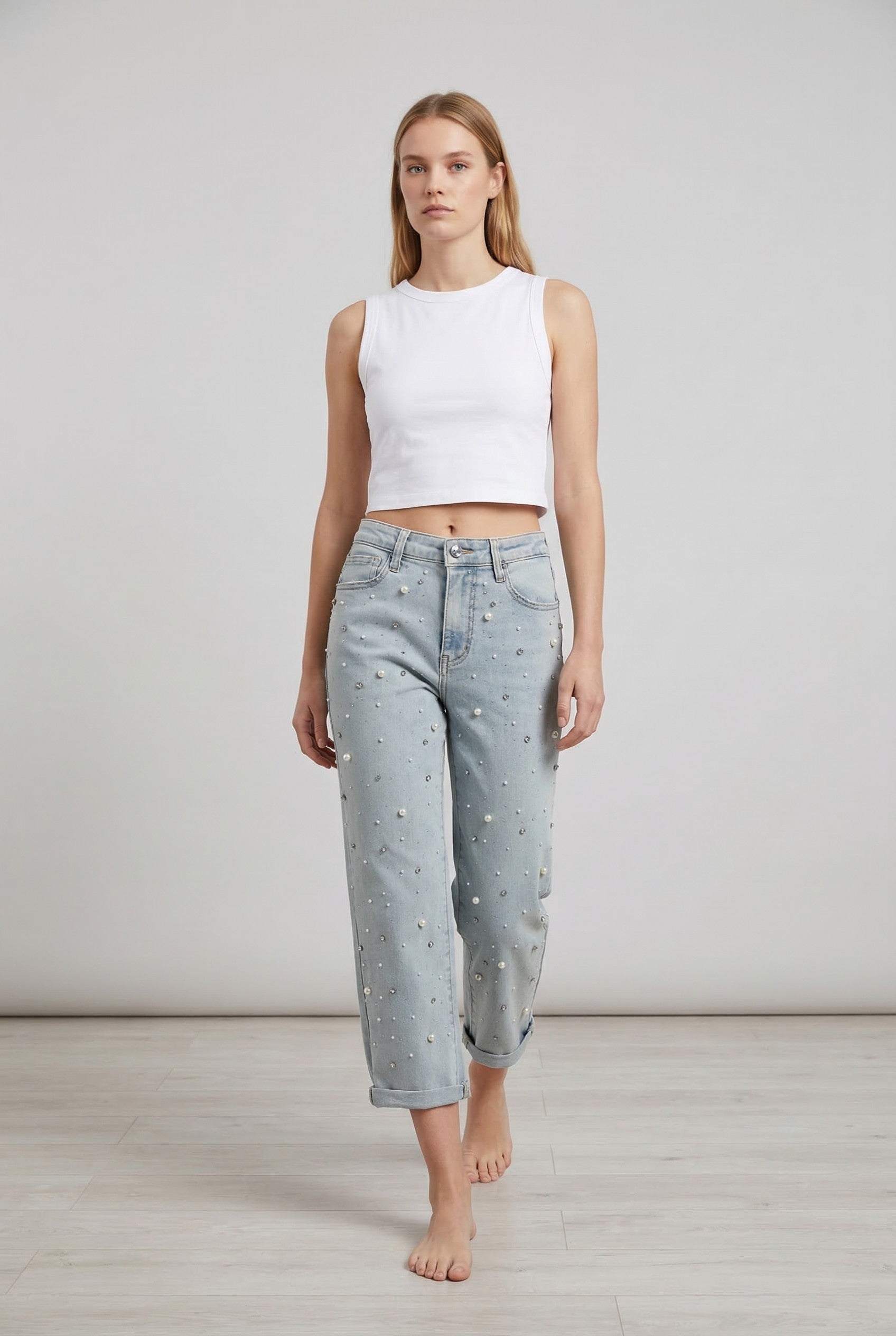 Jeans Donna Boyfriend Fit Denim Chiaro con Perle – Vita Media, Stile Casual Glam