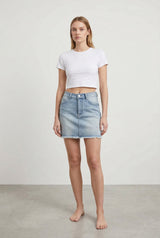 Gonna Donna Denim Chiaro Mini – Vita Media, Orlo Sfrangiato, Stile Casual Estivo