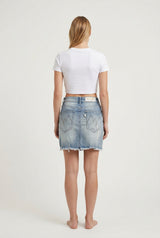 Gonna Donna Denim Chiaro Mini – Vita Media, Orlo Sfrangiato, Stile Casual Estivo