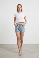 Shorts Donna Denim Chiaro con Perle Decorative – Vita Media, Orlo Sfrangiato
