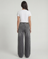 Jeans wide leg grigio con banda laterale decorata