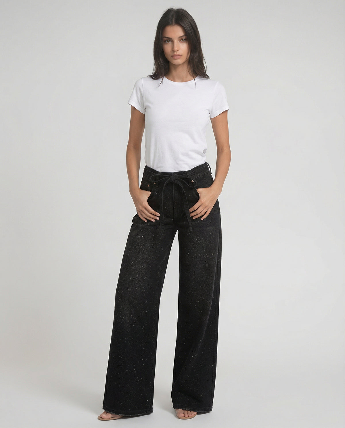 Jeans wide leg nero con cintura in denim