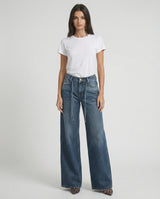 Jeans wide leg con cintura in denim e micro strass