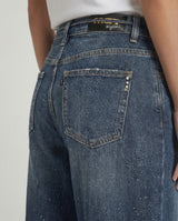 Jeans wide leg con cintura in denim e micro strass