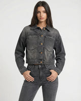 Giacca cropped in denim grigio