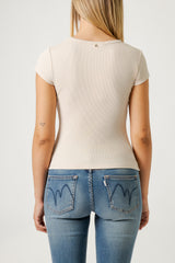 T-Shirt Donna Bianca Slim Fit con Dettagli 3D – Cotone Elasticizzato, Stile Minimal Elegante