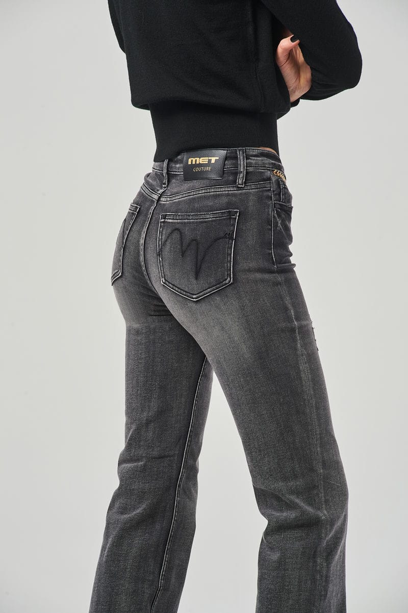 Wide Leg Jeans Neri a Vita Regolare con Catena Decorativa