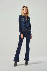 High-Waisted Dark Blue Straight Leg Jeans With Pearls