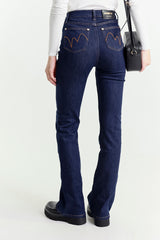 High-Waisted Dark Blue Straight Leg Jeans With Pearls