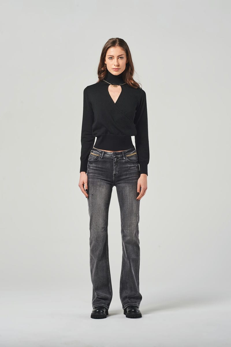 Wide Leg Jeans Neri a Vita Regolare con Catena Decorativa