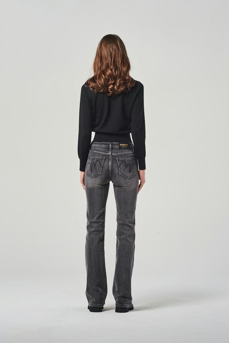 Wide Leg Jeans Neri a Vita Regolare con Catena Decorativa