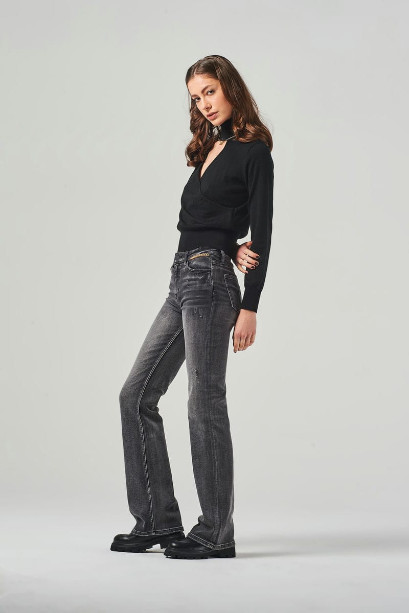 Wide Leg Jeans Neri a Vita Regolare con Catena Decorativa