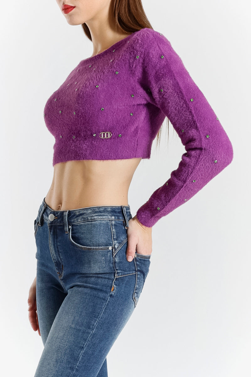 Maglia Cropped in Pelliccia con Applicazioni