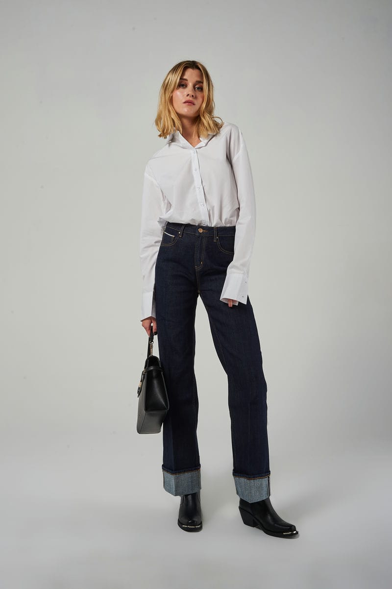 Jeans Wide Leg A Vita Alta in Tela Giapponese