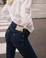 High-Waisted Blue Wide-Leg Jeans in Japanese Canvas