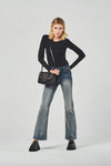 Regular-Waist Blue Wide-Leg Jeans with Distressed Effect and Decorative Chain