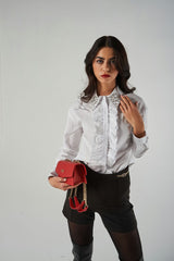 Poplin Shirt with Ruffles and Embellished Collar