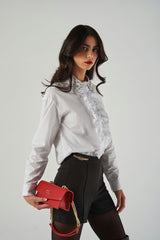 Poplin Shirt with Ruffles and Embellished Collar