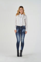 Regular-Waist Blue Skinny Jeans with Rips