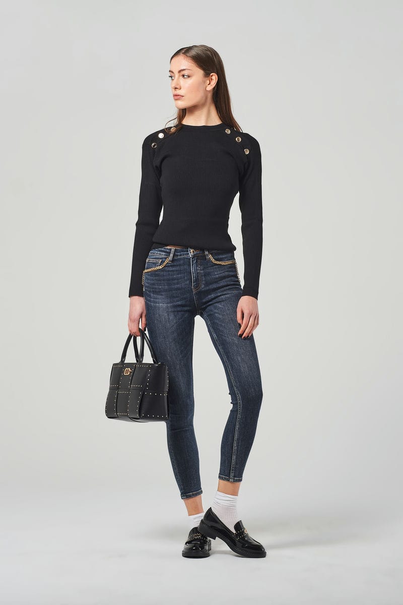 Skinny Jeans Blu a Vita Regolare con Catene Decorative