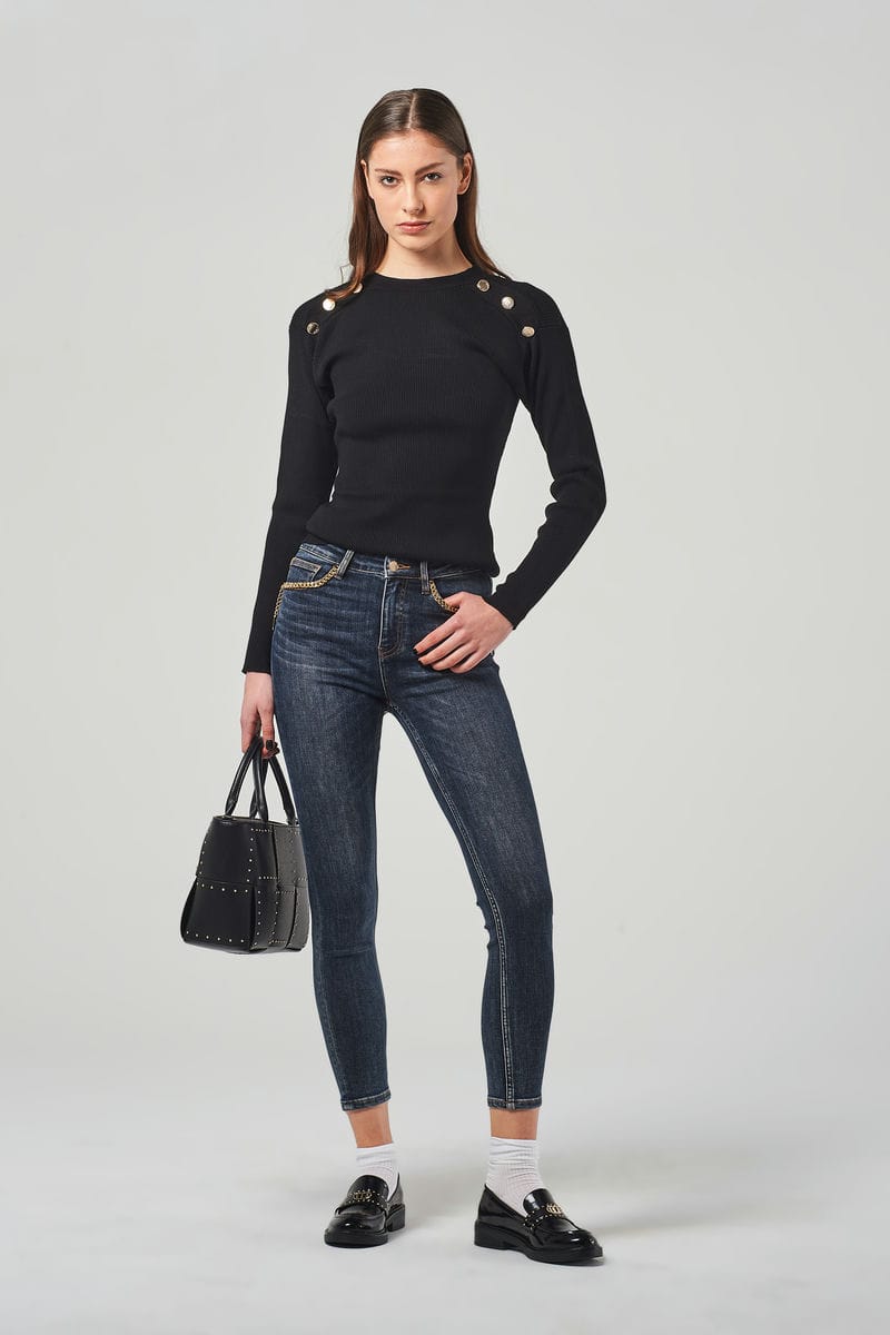 Skinny Jeans Blu a Vita Regolare con Catene Decorative