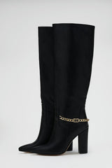 Black High Heel Boots with Gold Chain
