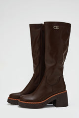 Brown Knee-High Boots with Block Heel and Stud Details