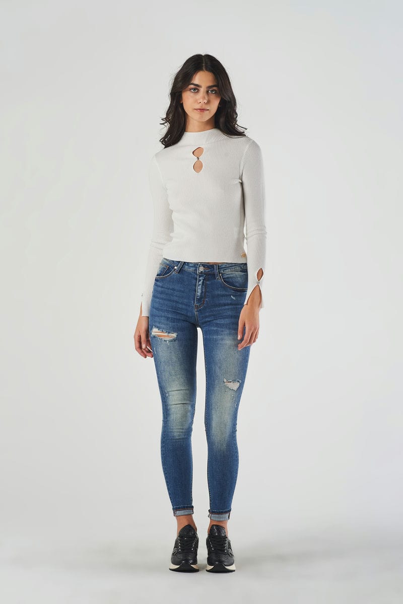 Jeans Push Up Blu Chiaro a Vita Regolare con Piccole Rotture