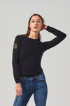 Long-Sleeved Crew Neck T-Shirt with Side Rhinestone Patch