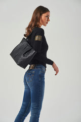 Long-Sleeved Crew Neck T-Shirt with Side Rhinestone Patch