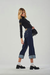 High-Waisted Blue Wide-Leg Jeans in Japanese Canvas