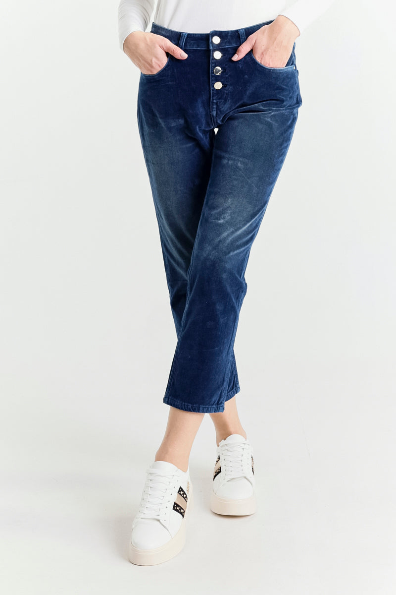 Jeans Blu in Velour a Gamba Dritta Vita Regolare