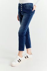Regular Waist Straight Leg Blue Velour Jeans