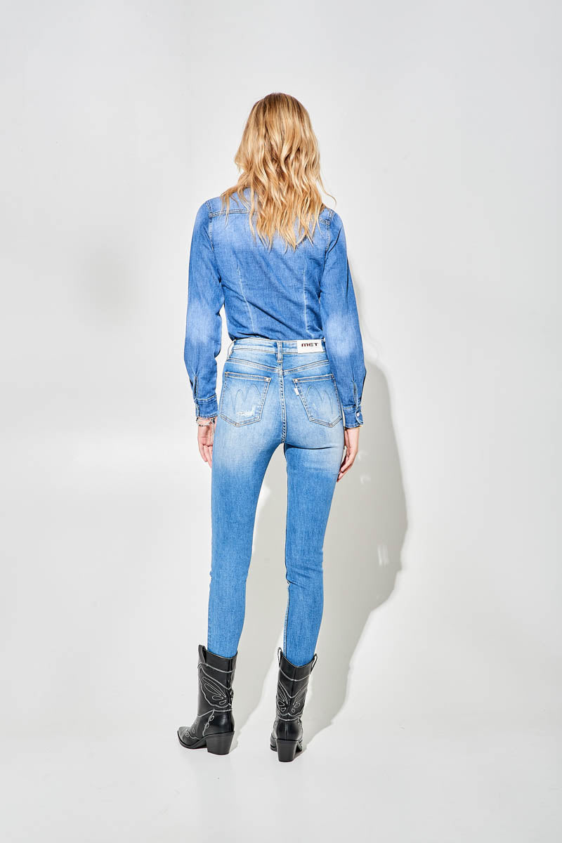 Jeans Skinny Blu a Vita Alta con Sfumature